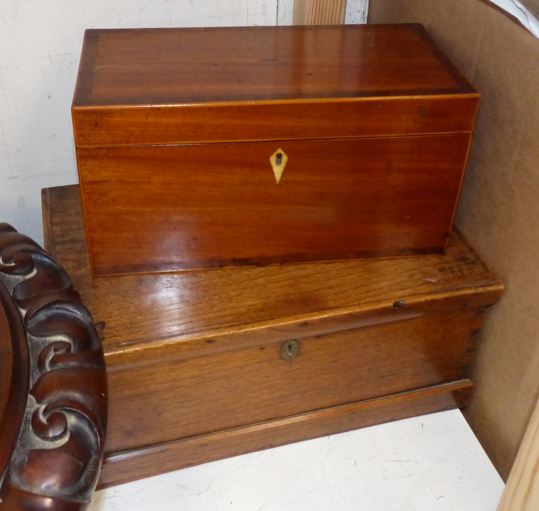 An early Victorian mahogany tea caddy and an oak box